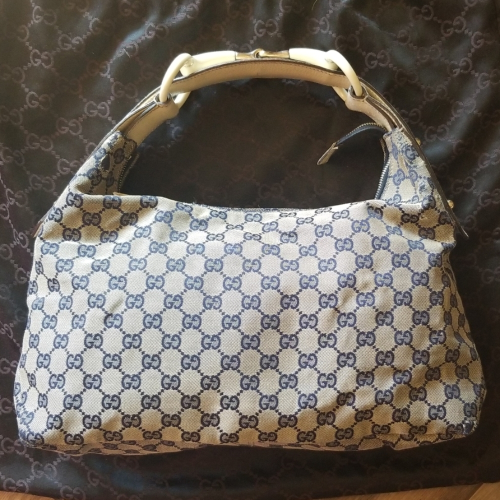 Gucci Beige Canvas Monogram Shoulder Bag with Blue GG Print and White Handle